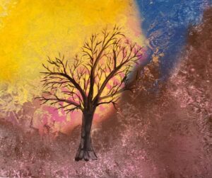 Abstract dry summer tree-brown black yellow blue pink orange