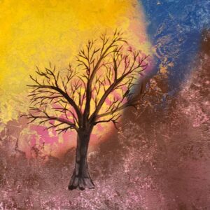 Abstract dry summer tree-brown black yellow blue pink orange
