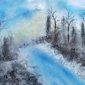 winter stream and trees in black and white blue and yellow